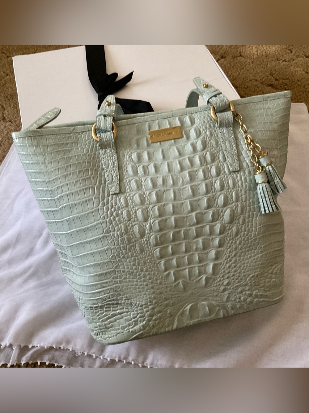 VGUC Brahmin Seafoam Croc-Embossed Leather Tote with Tassel Charm